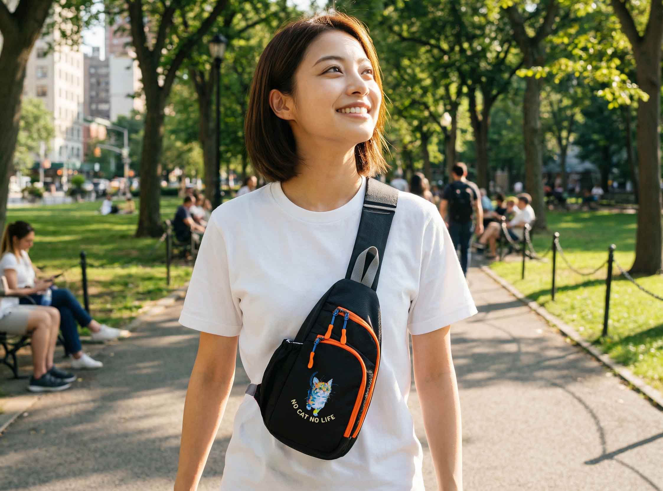 NEKONI SLING マイ柄ブラックを肩にかけて歩く女性・公園