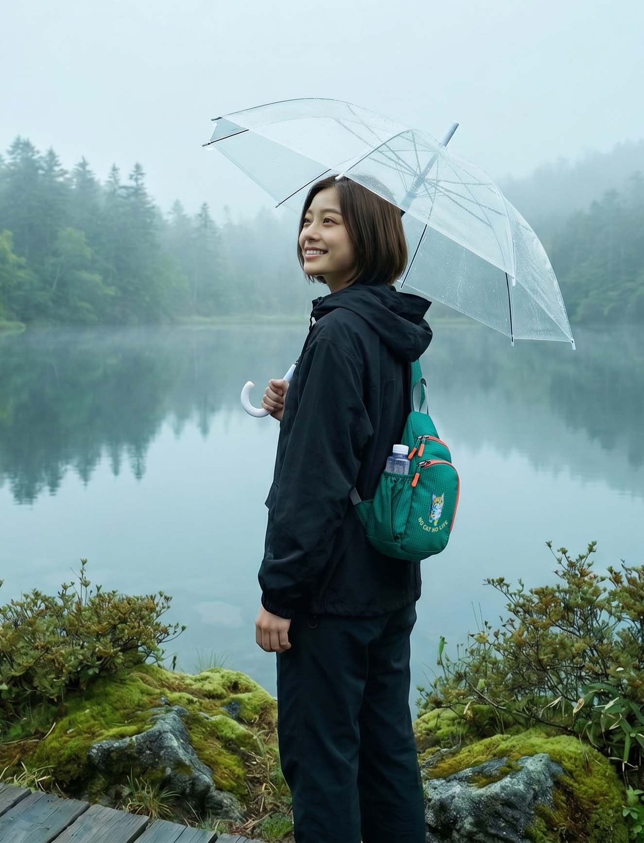 霧の湖畔で傘をさす女性・グリーンのNEKONI SLINGバッグ