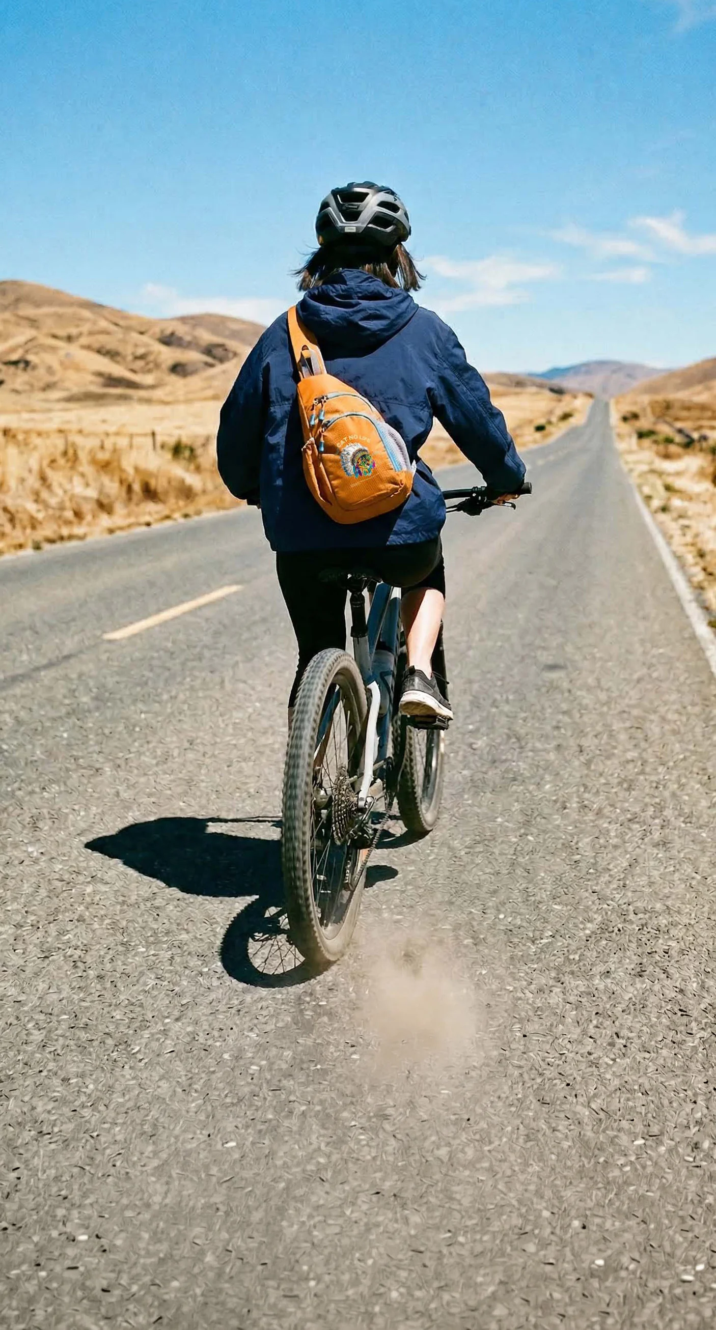 自転車に乗る女性の後ろ姿・オレンジのNEKONI SLINGバッグ・City Ride