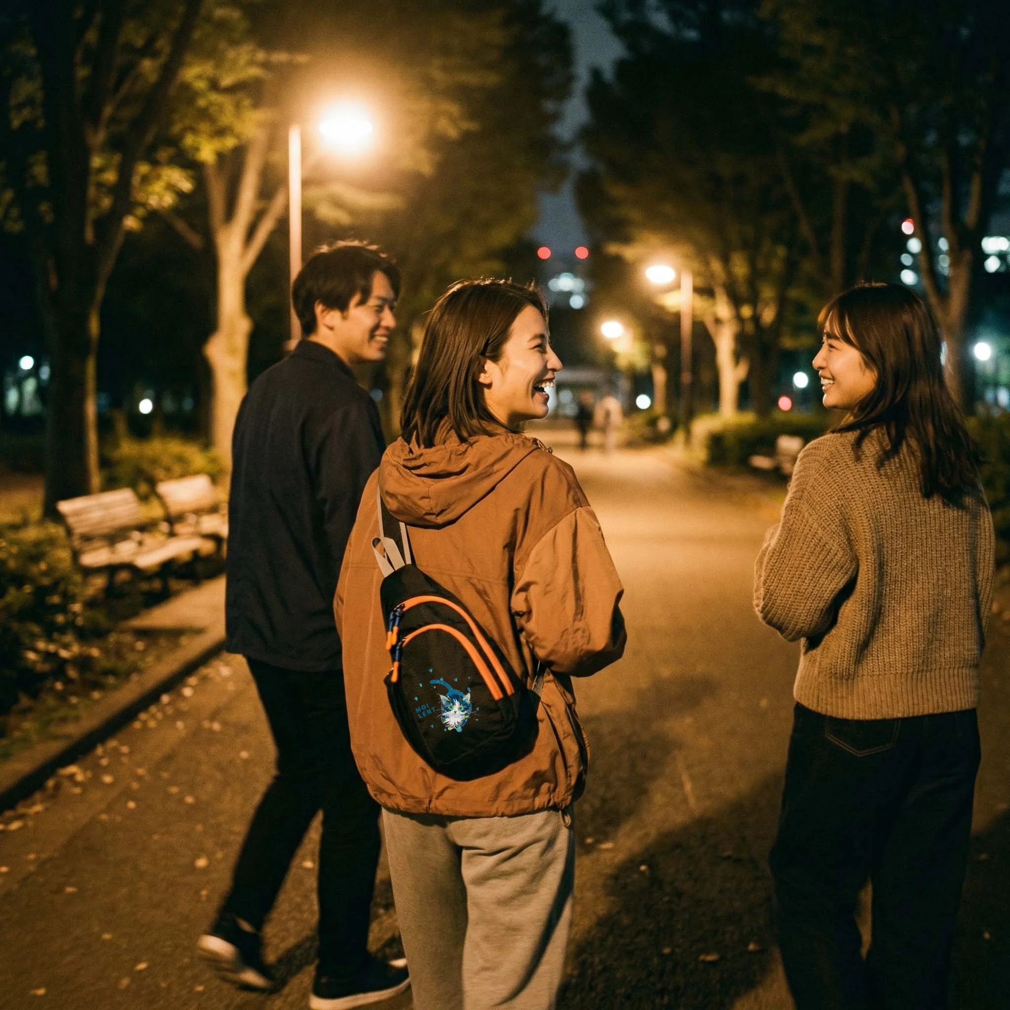 夜の公園で友人グループと会話する女性・黒いNEKONI SLINGバッグ・Night Walk